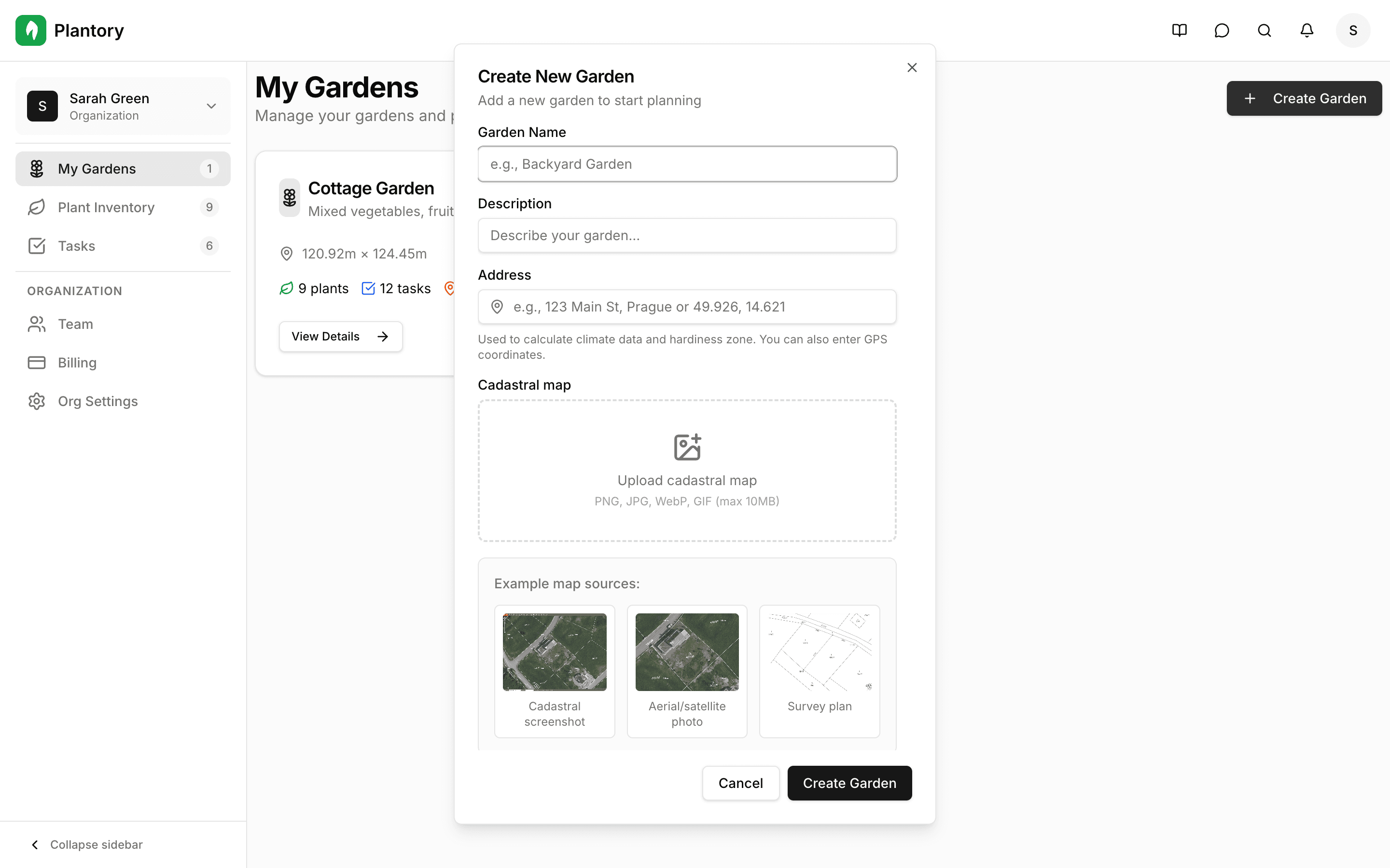 Formulario de creación de jardín mostrando todos los campos