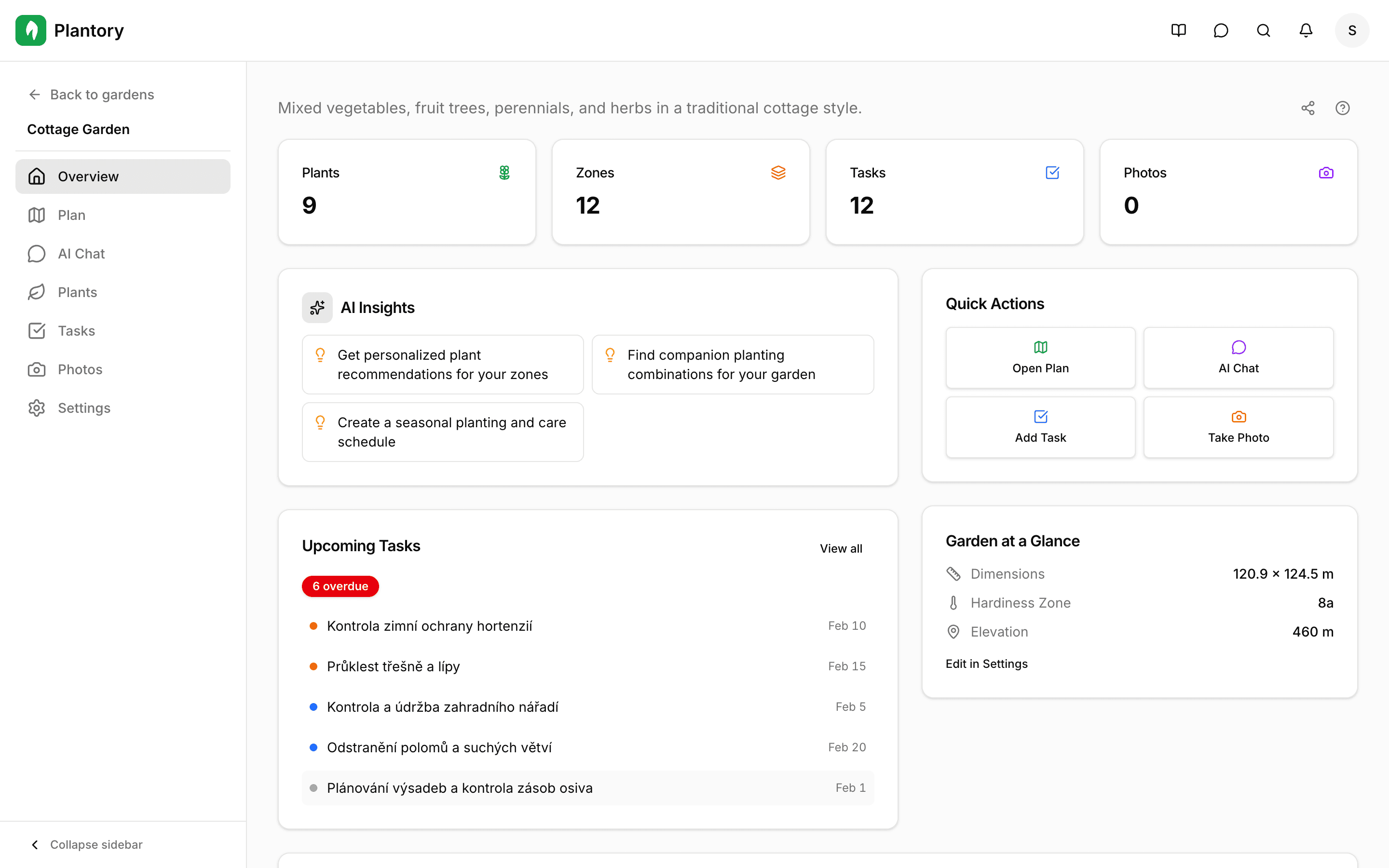 Página de detalles del nuevo jardín con pestañas y estado vacío
