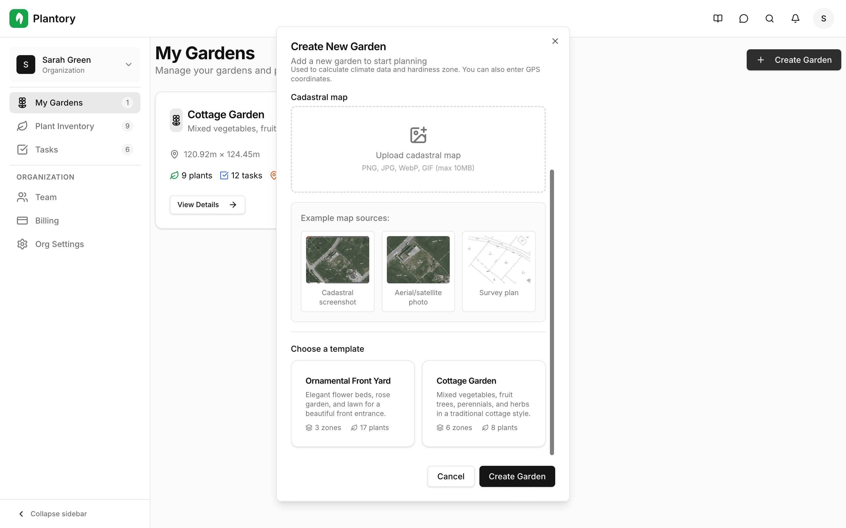 Galería de plantillas mostrando las plantillas de jardín disponibles