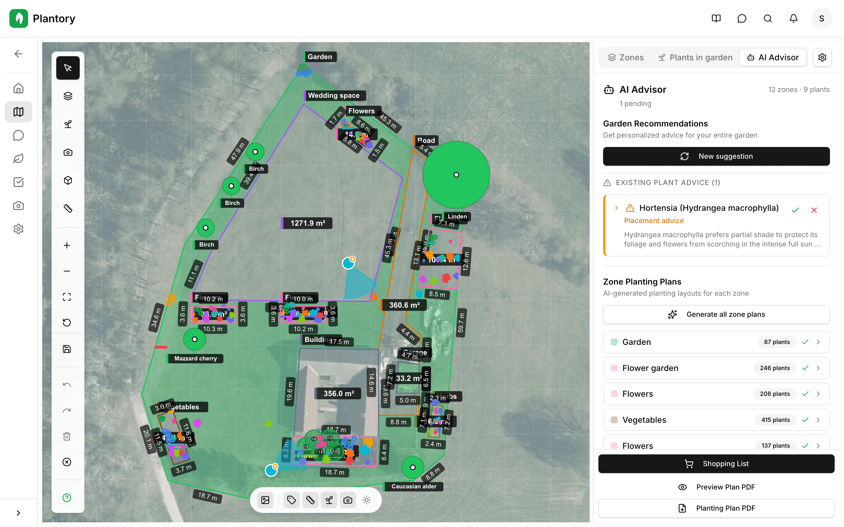 Lienzo del jardín con múltiples zonas coloreadas