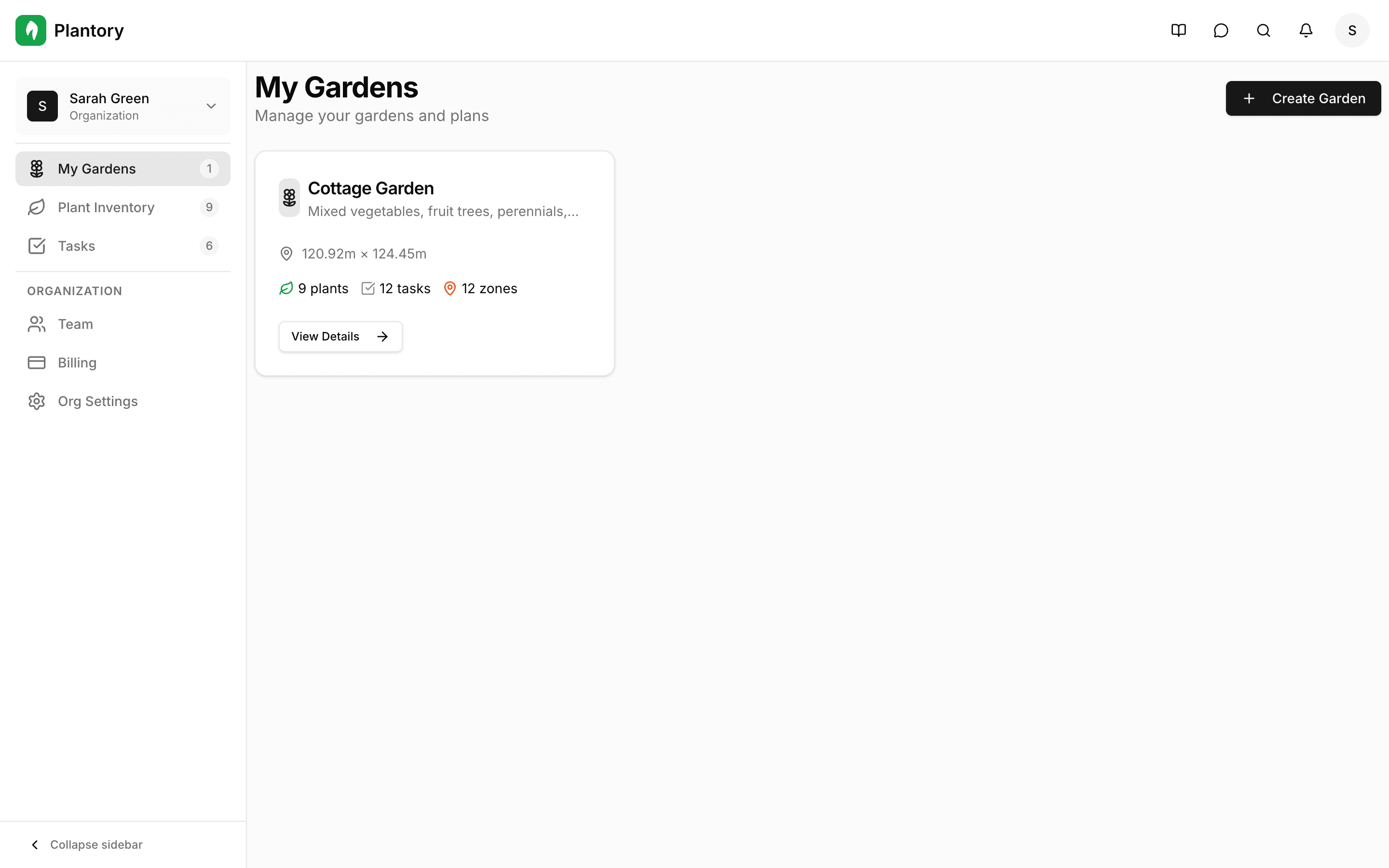 Haupt-Dashboard mit Gartenkarten und Navigation