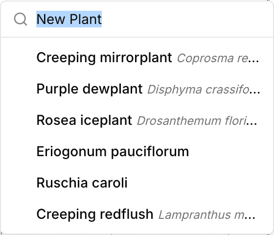Plant search results showing multiple options
