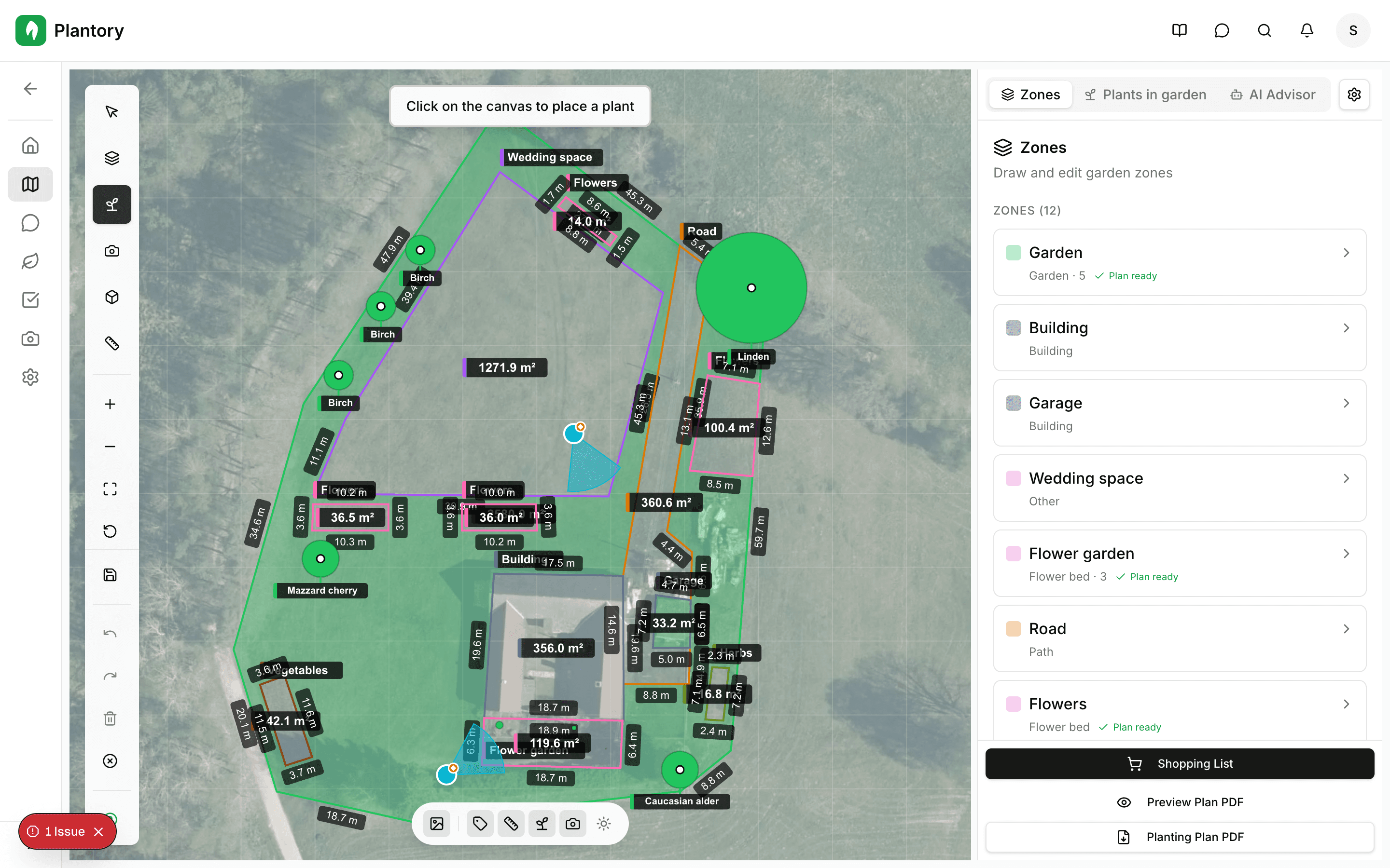 Plant tool active with search box visible